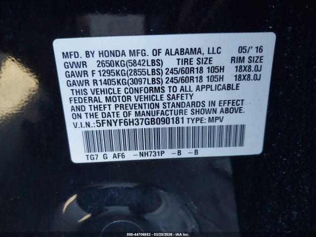 5FNYF6H37GB090181 Honda Pilot Ex