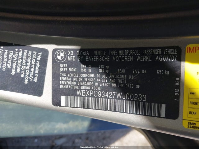 2007 BMW X3 WBXPC93427WJ00233 Photo 8