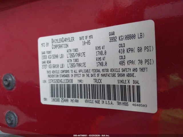 Продажа на аукционе авто 2006 Dodge Ram 2500 Slt/sport, vin: 1D7KS28DX6J133038, номер лота: 44706881