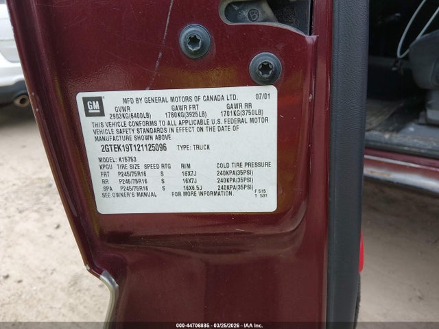 Aukcja sprzedaży 2002 Gmc Sierra 1500 Sle, vin: 2GTEK19T121125096, numer aukcji: 44706885