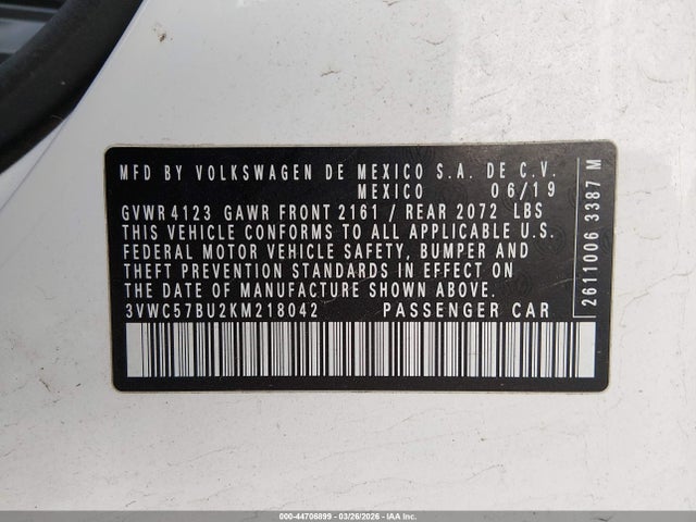 2019 Volkswagen Jetta 1.4t R-line/1.4t S/1.4t Se მანქანა იყიდება აუქციონზე, vin: 3VWC57BU2KM218042, აუქციონის ნომერი: 44706899