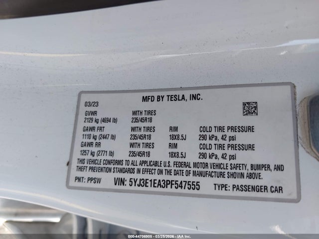 Продаж на аукціоні авто 2023 Tesla Model 3 Rear-wheel Drive, vin: 5YJ3E1EA3PF547555, номер лоту: 44706905