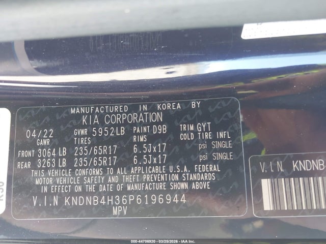 KNDNB4H36P6196944 KIA Carnival Mpv Lx Seat Package