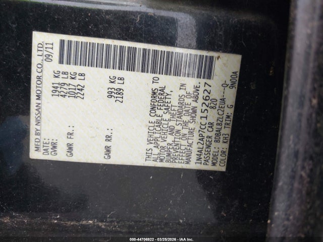 Aukcja sprzedaży 2012 Nissan Altima 2.5 S, vin: 1N4AL2AP7CC152627, numer aukcji: 44706922