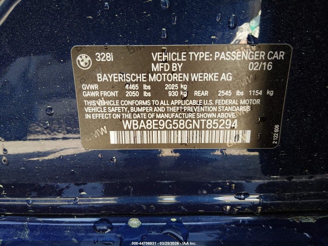 44706931 :رقم المزاد ، WBA8E9G58GNT85294 vin ، 2016 Bmw 328i مزاد بيع