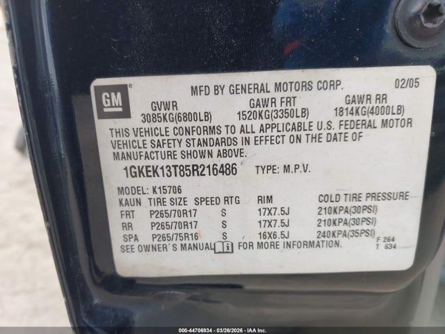 Продажа на аукционе авто 2005 Gmc Yukon Slt, vin: 1GKEK13T85R216486, номер лота: 44706934