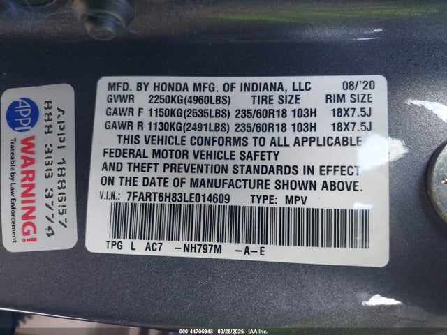 Продажа на аукционе авто 2020 Honda Cr-v Hybrid Ex-l, vin: 7FART6H83LE014609, номер лота: 44706948
