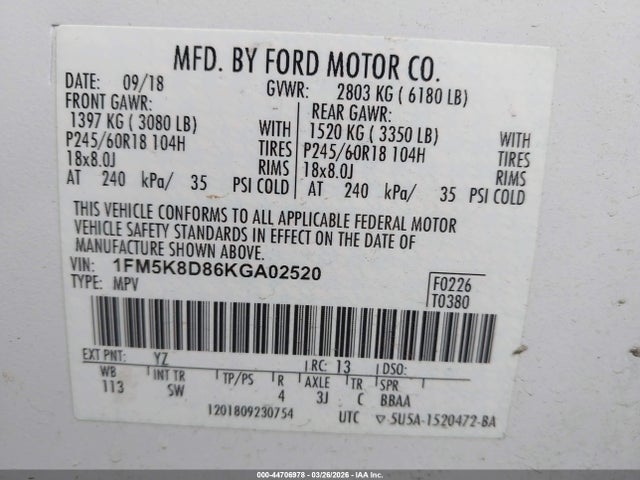 1FM5K8D86KGA02520 Ford EXPLORER XLT