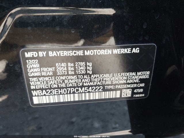 2023 Bmw 740 I მანქანა იყიდება აუქციონზე, vin: WBA23EH07PCM54222, აუქციონის ნომერი: 44706992
