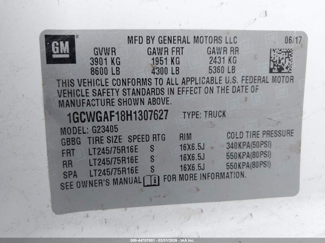 1GCWGAF18H1307627 Chevrolet Express 2500 Work Van