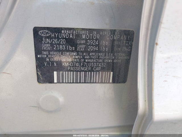 Aukcja sprzedaży 2020 Hyundai Elantra Se, vin: KMHD74LF7LU107432, numer aukcji: 44707015