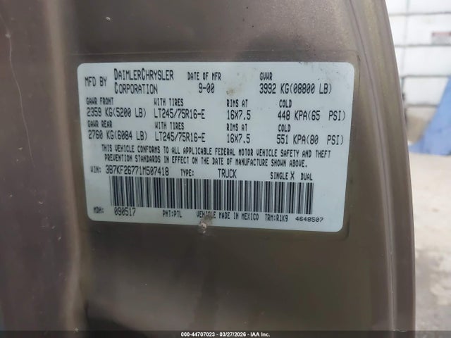 Продажа на аукционе авто 2001 Dodge Ram 2500 St, vin: 3B7KF26771M507418, номер лота: 44707023