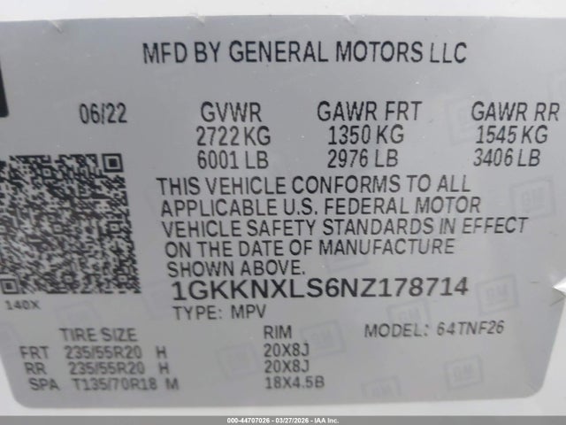 44707026 :رقم المزاد ، 1GKKNXLS6NZ178714 vin ، 2022 Gmc Acadia Awd Denali مزاد بيع
