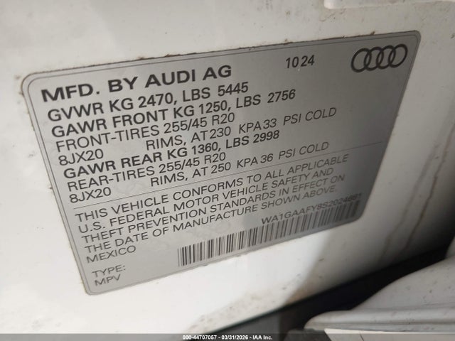 44707057 :رقم المزاد ، WA1GAAFY8S2024661 vin ، 2025 Audi Q5 Premium 45 Tfsi S Line Quattro مزاد بيع