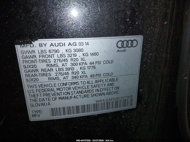 Aukcja sprzedaży 2014 Audi Q7 3.0t Premium, vin: WA1LGAFE0ED017845, numer aukcji: 44707058