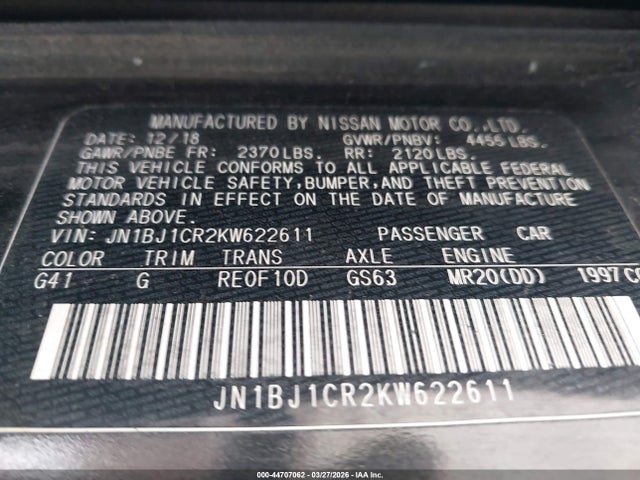 44707062 :رقم المزاد ، JN1BJ1CR2KW622611 vin ، 2019 Nissan Rogue Sport S مزاد بيع