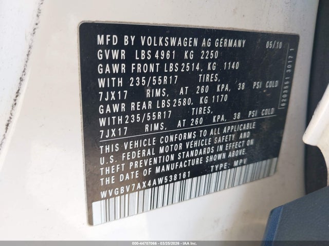 Продаж на аукціоні авто 2010 Volkswagen Tiguan Wolfsburg Edition, vin: WVGBV7AX4AW538161, номер лоту: 44707066