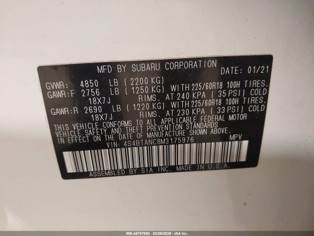 Продаж на аукціоні авто 2021 Subaru Outback Limited, vin: 4S4BTANC8M3175976, номер лоту: 44707080