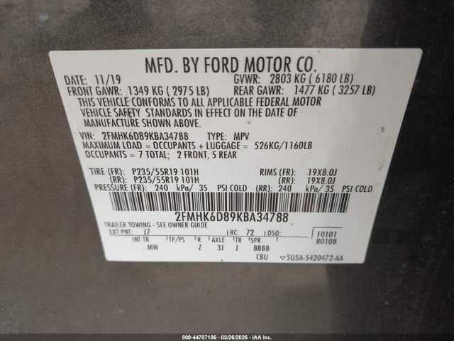Продажа на аукционе авто 2019 Ford Flex Limited, vin: 2FMHK6D89KBA34788, номер лота: 44707106