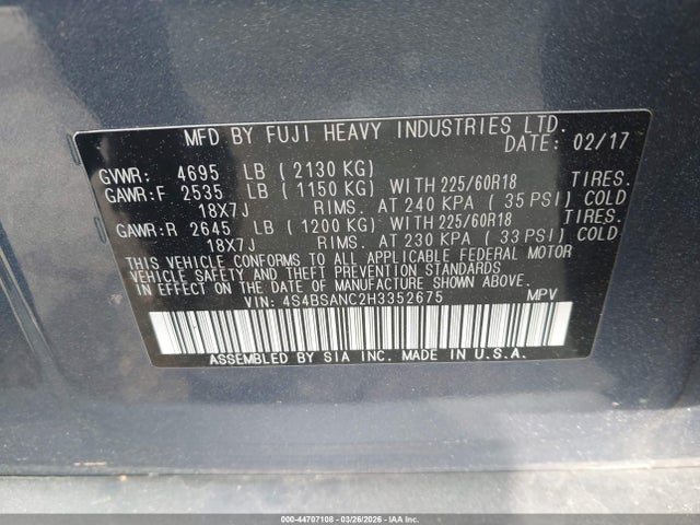Aukcja sprzedaży 2017 Subaru Outback 2.5i Limited, vin: 4S4BSANC2H3352675, numer aukcji: 44707108