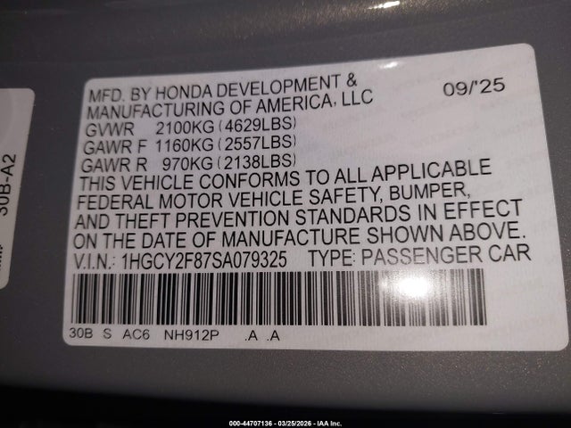 44707136 :رقم المزاد ، 1HGCY2F87SA079325 vin ، 2025 Honda Accord Hybrid Touring مزاد بيع