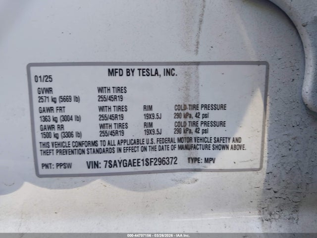 Aukcja sprzedaży 2025 Tesla Model Y Long Range Dual Motor All-wheel Drive, vin: 7SAYGAEE1SF296372, numer aukcji: 44707156