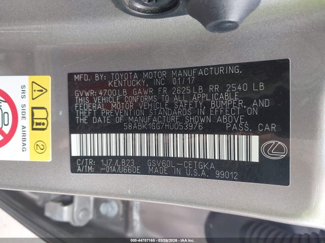 Aukcja sprzedaży 2017 Lexus Es 350, vin: 58ABK1GG7HU053976, numer aukcji: 44707165