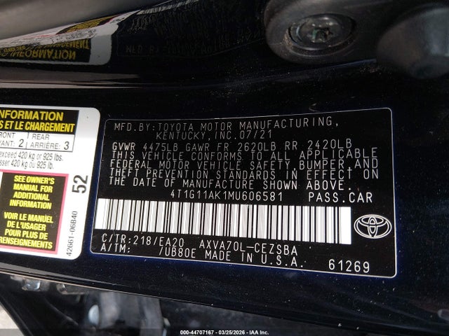 4T1G11AK1MU606581 Toyota CAMRY SE