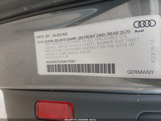 Aukcja sprzedaży 2019 Audi A5 45 Premium, vin: WAUENCF52KA010387, numer aukcji: 44707170
