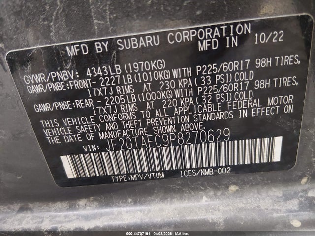 44707191 :رقم المزاد ، JF2GTAEC9P8270629 vin ، 2023 Subaru Crosstrek Premium مزاد بيع