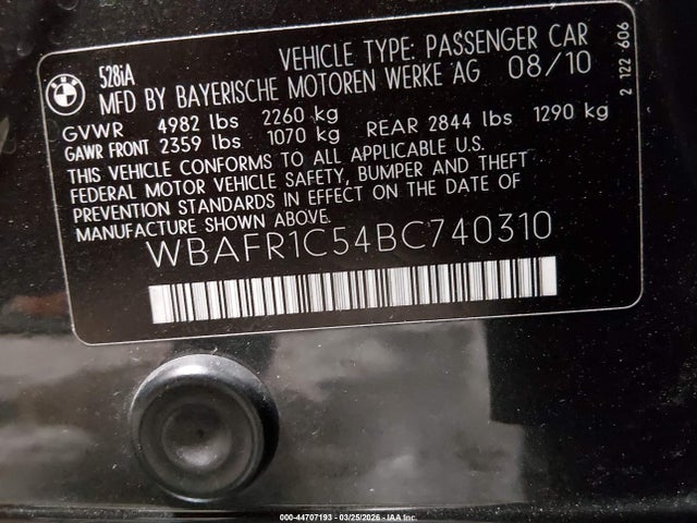 Aukcja sprzedaży 2011 Bmw 528i, vin: WBAFR1C54BC740310, numer aukcji: 44707193