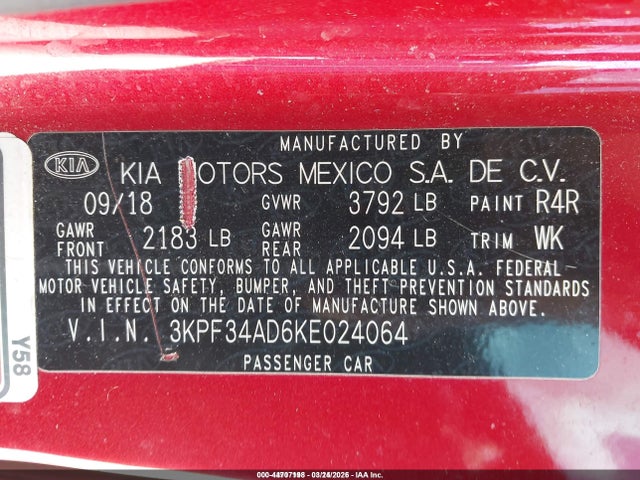 Aukcja sprzedaży 2019 Kia Forte S, vin: 3KPF34AD6KE024064, numer aukcji: 44707198