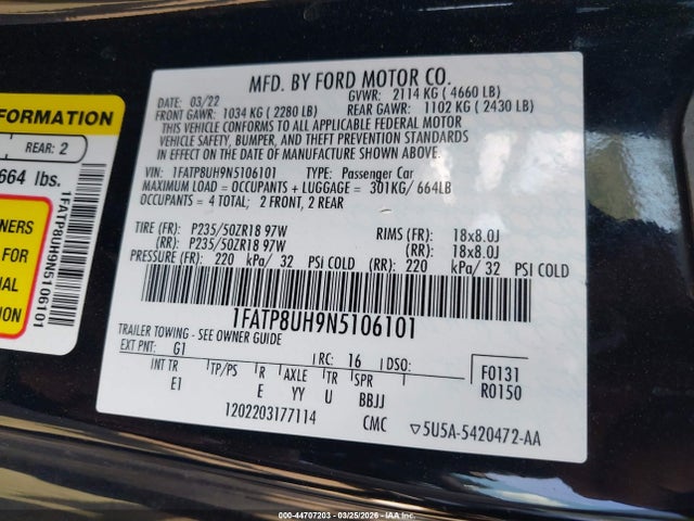 Aukcja sprzedaży 2022 Ford Mustang Ecoboost Premium, vin: 1FATP8UH9N5106101, numer aukcji: 44707203