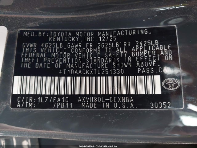 2026 Toyota Camry Le მანქანა იყიდება აუქციონზე, vin: 4T1DAACKXTU251330, აუქციონის ნომერი: 44707208