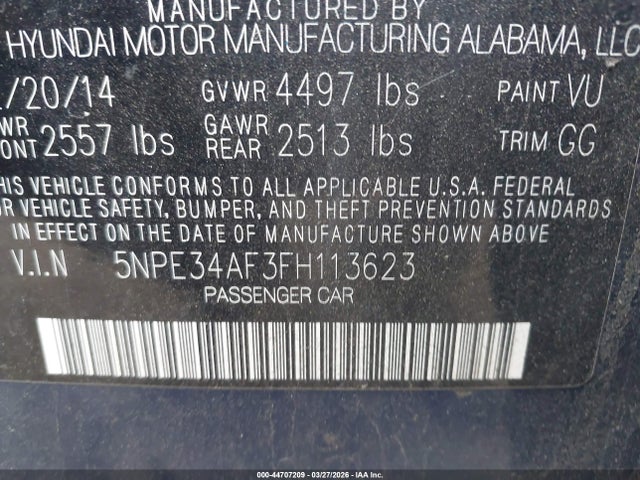 44707209 :رقم المزاد ، 5NPE34AF3FH113623 vin ، 2015 Hyundai Sonata Sport مزاد بيع