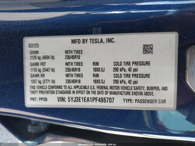 2023 Tesla Model 3 Rear-wheel Drive მანქანა იყიდება აუქციონზე, vin: 5YJ3E1EA1PF486707, აუქციონის ნომერი: 44707225