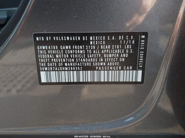 44707228 :رقم المزاد ، 3VW2B7AJXHM286352 vin ، 2017 Volkswagen Jetta 1.4t S مزاد بيع