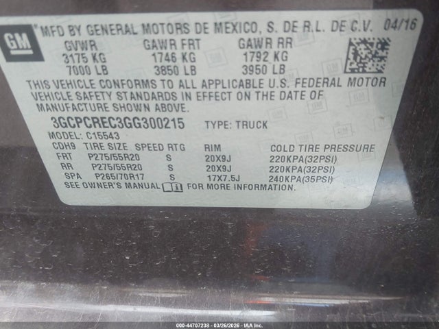 Aukcja sprzedaży 2016 Chevrolet Silverado 1500 1lt, vin: 3GCPCREC3GG300215, numer aukcji: 44707238