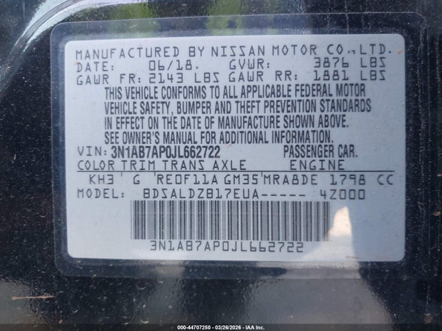 Продажа на аукционе авто 2018 Nissan Sentra Sv, vin: 3N1AB7AP0JL662722, номер лота: 44707250