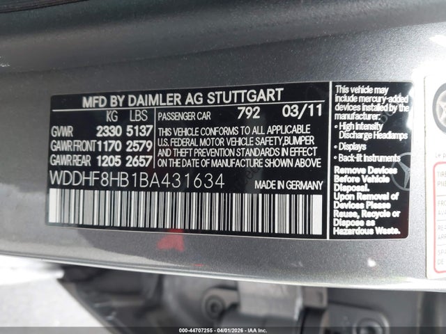 Aukcja sprzedaży 2011 Mercedes-benz E 350 4matic, vin: WDDHF8HB1BA431634, numer aukcji: 44707255