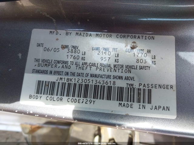 Продаж на аукціоні авто 2005 Mazda Mazda3 S, vin: JM1BK123051343618, номер лоту: 44707278