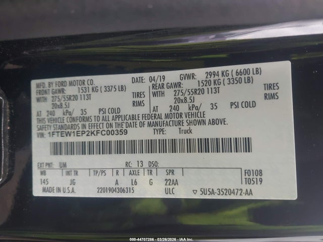 44707286 :رقم المزاد ، 1FTEW1EP2KFC00359 vin ، 2019 Ford F-150 Xl مزاد بيع