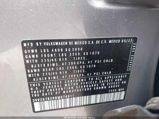 Aukcja sprzedaży 2022 Volkswagen Taos 1.5t Sel, vin: 3VV2X7B29NM076611, numer aukcji: 44707300