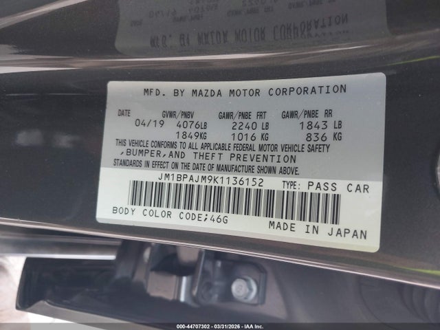 Продаж на аукціоні авто 2019 Mazda Mazda3, vin: JM1BPAJM9K1136152, номер лоту: 44707302