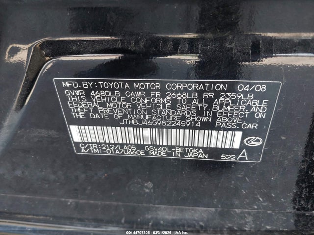 Продаж на аукціоні авто 2008 Lexus Es 350, vin: JTHBJ46G982245914, номер лоту: 44707305