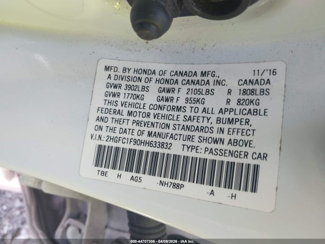 Aukcja sprzedaży 2017 Honda Civic Touring, vin: 2HGFC1F90HH633832, numer aukcji: 44707306