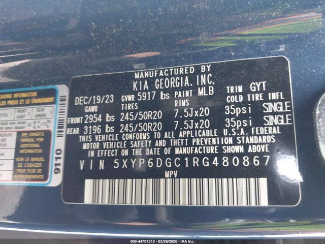 Aukcja sprzedaży 2024 Kia Telluride S, vin: 5XYP6DGC1RG480867, numer aukcji: 44707312