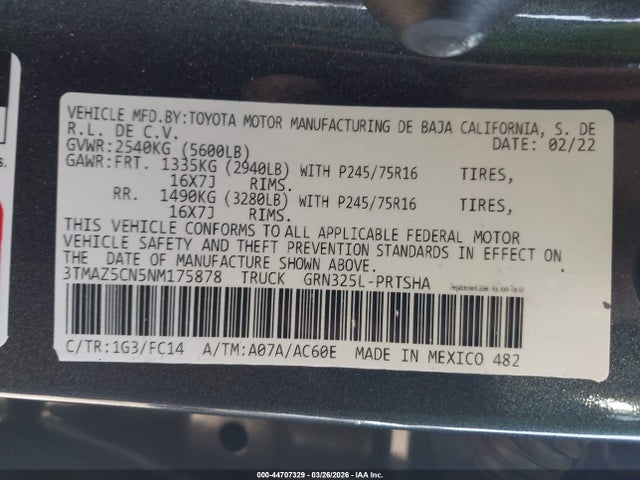 Продажа на аукционе авто 2022 Toyota Tacoma Sr5 V6, vin: 3TMAZ5CN5NM175878, номер лота: 44707329