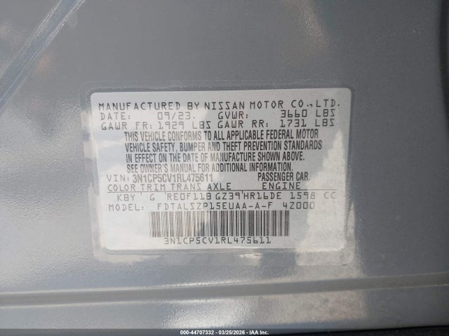 Продажа на аукционе авто 2024 Nissan Kicks Sv Xtronic Cvt, vin: 3N1CP5CV1RL475611, номер лота: 44707332
