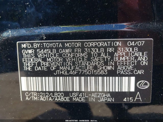 Aukcja sprzedaży 2007 Lexus Ls 460 L, vin: JTHGL46F775015583, numer aukcji: 44707365